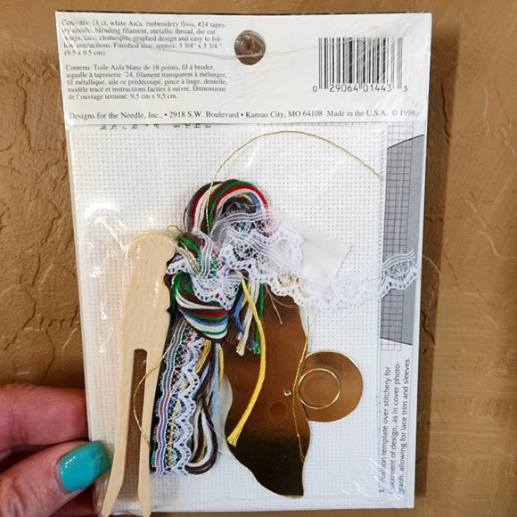 DIY - 1998 Holiday Cross Stitch Church on Clothespin Angel Gold Wings Ornament - Picture 3 of 5